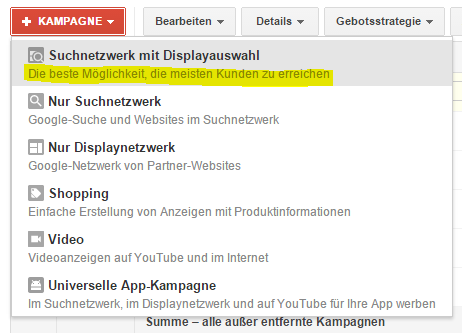 >Kampagnen Einstellung Suchnetzwerk mit Displayauswahl