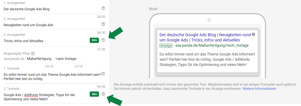 Dritter Anzeigentext bei Google Textanzeigen Dritter Anzeigentext und neue Textzeile